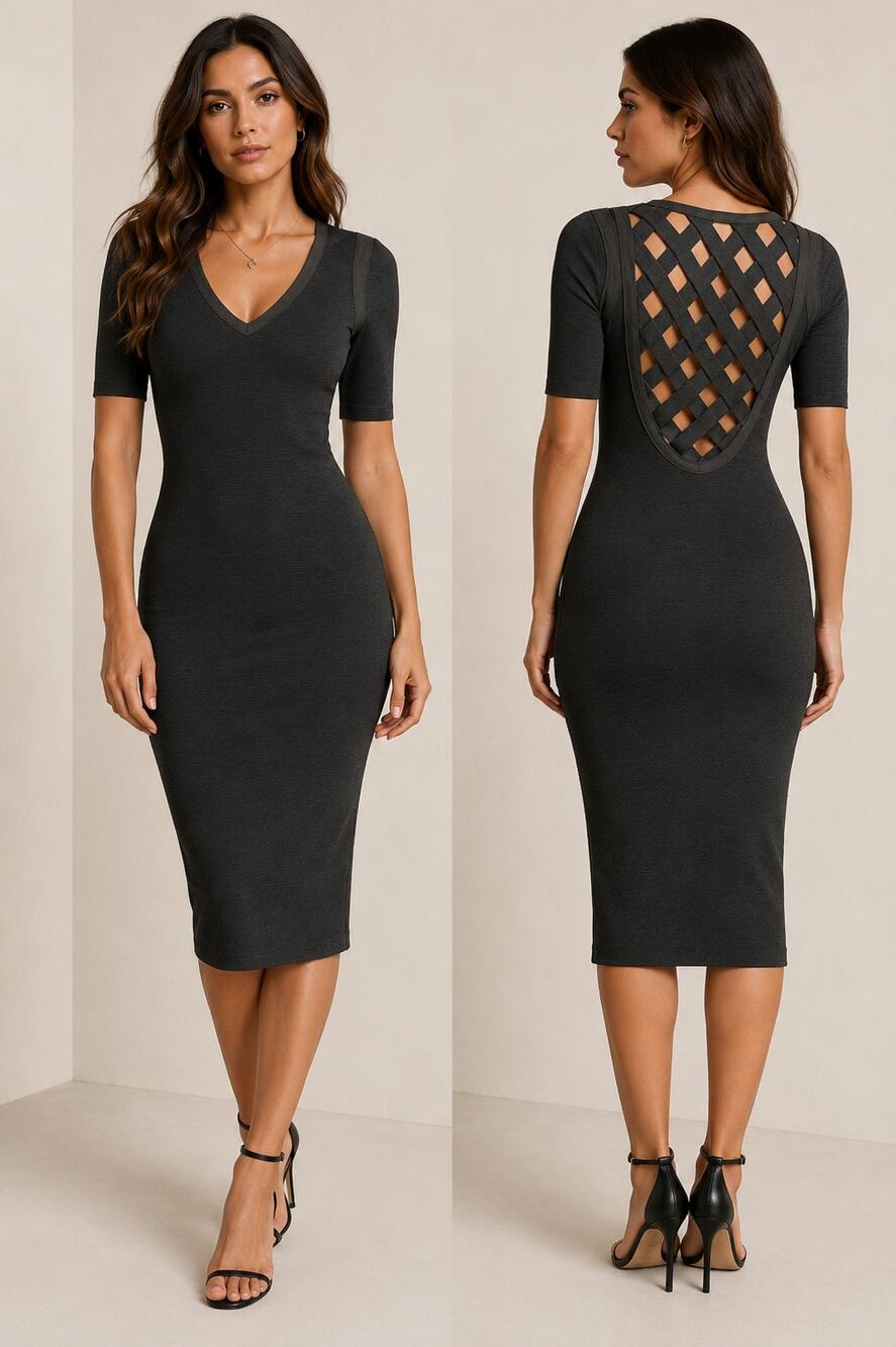 NWT WOW Couture Black Lattice Open Back Half Sleeve Bandage Bodycon Dress Medium